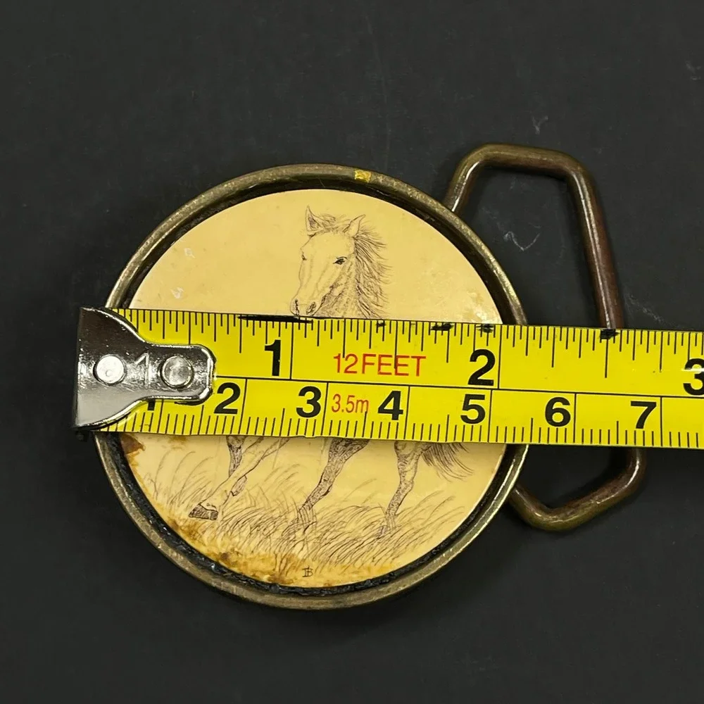 Barlow Belt Buckle Horse Scrimshaw Unisex Gold Vintage 1981 Solid Brass USA